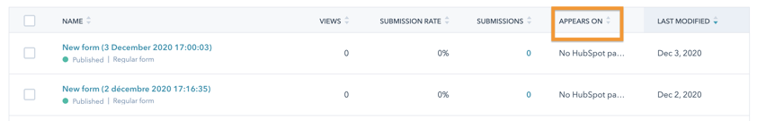 HubSpot forms dashboard with the appears on column highlighted
