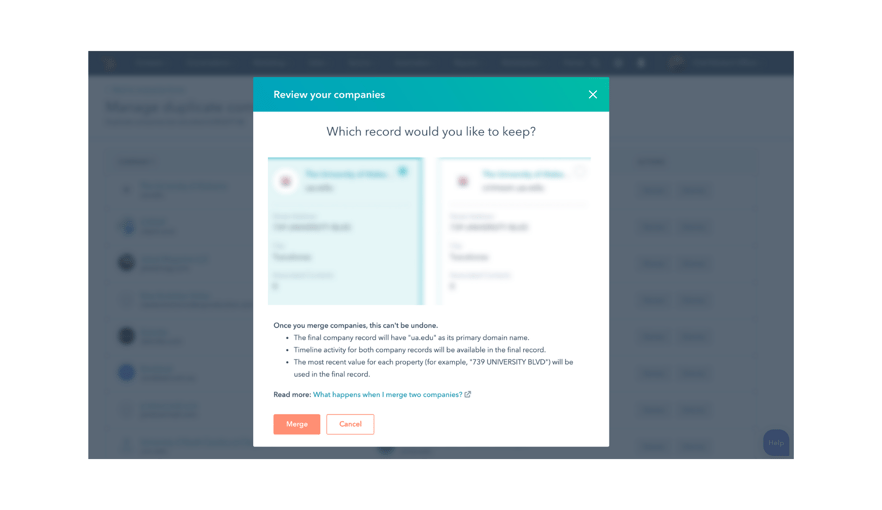 review before merging companies in HubSpot