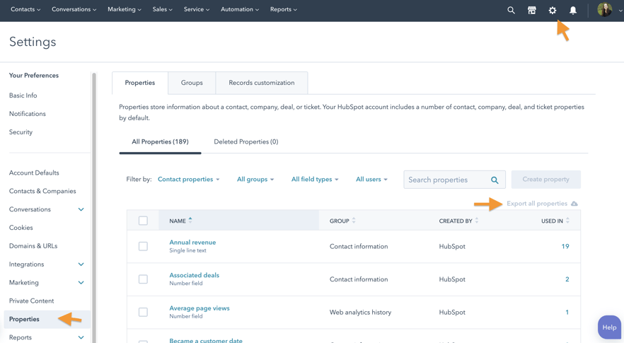 export all HubSpot properties