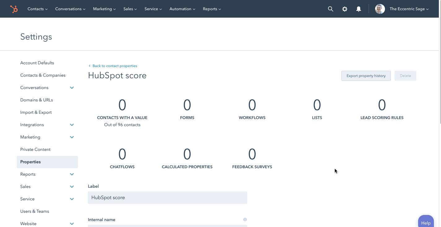 animated gif demonstrating where to edit the HubSpot score property