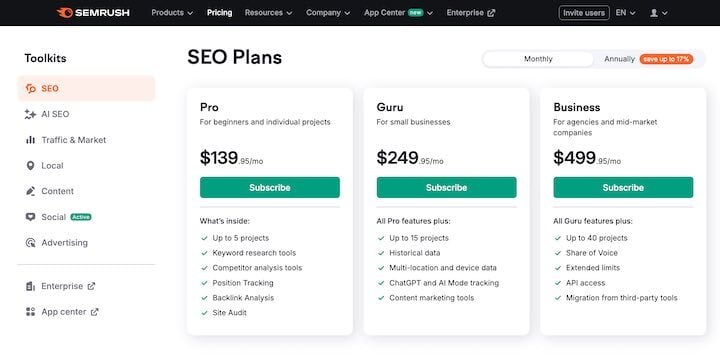 SEmrush pricing page