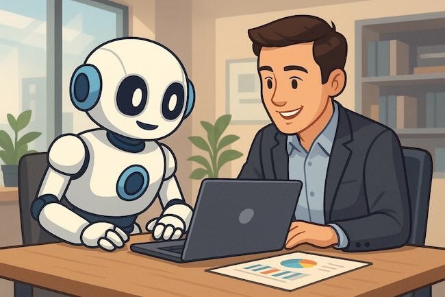 ai generated image of robot and man working together on computer