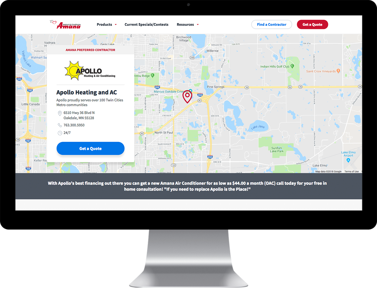 I Heart Amana Website's Contractor Detail on a desktop monitor