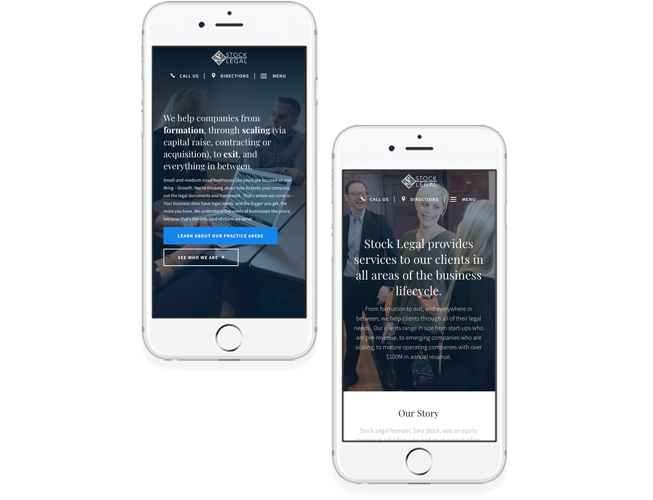 Stock legal responsive website design examples on two mobile phones