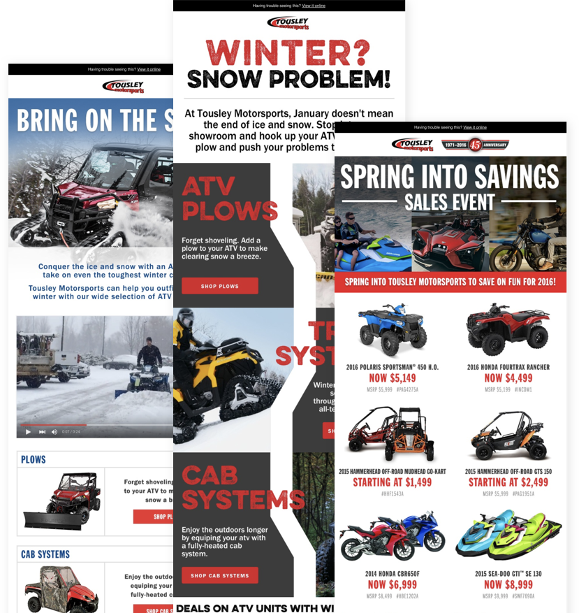 Examples of Tousley Motorsports marketing e-mails