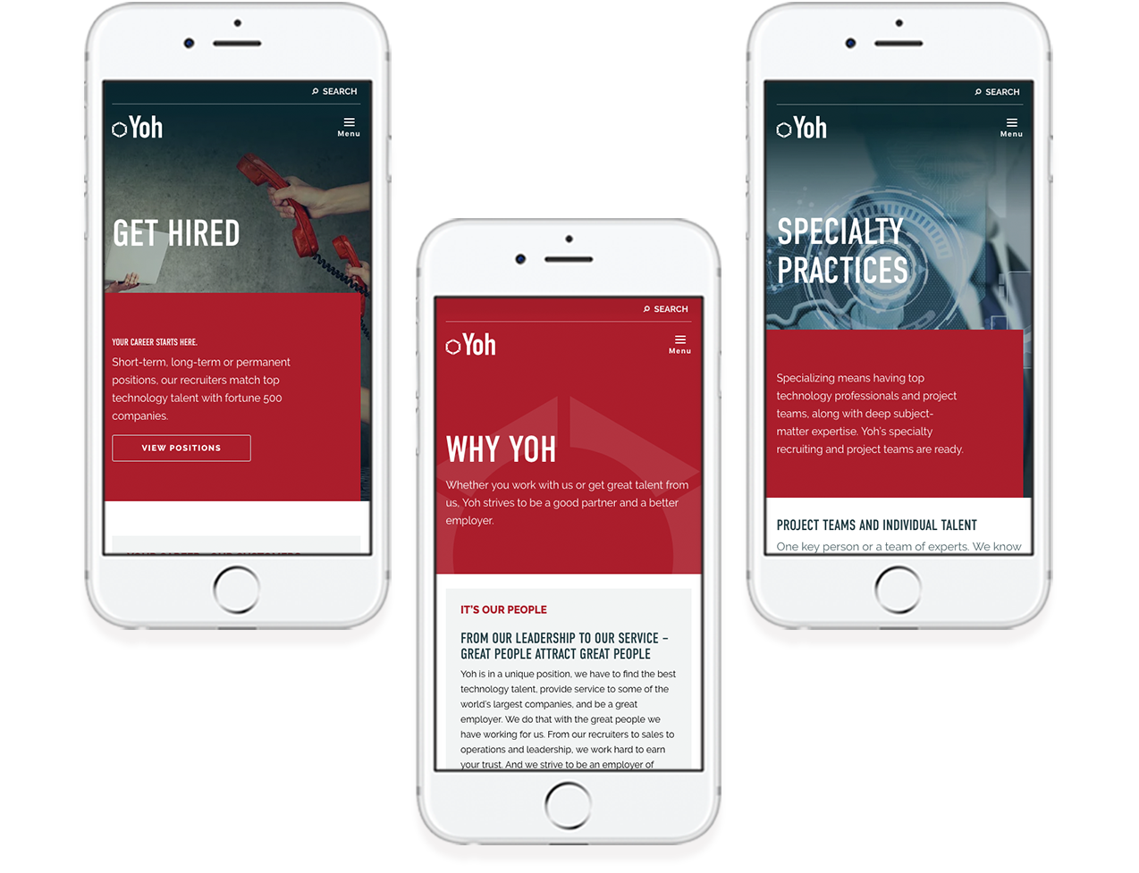 Yoh mobile responsive website design examples on three phones
