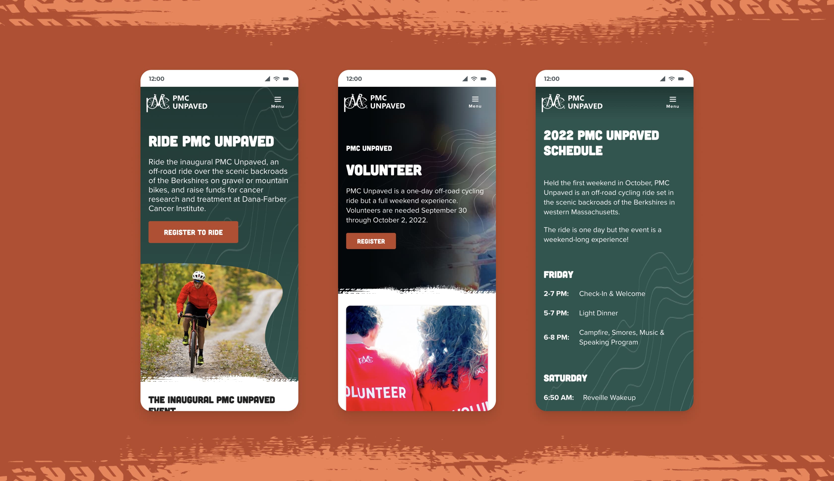 3 screenshots of the PMC Unpaved website on mobile