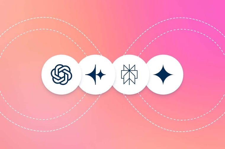 4 icons of ai tools on a gradient background