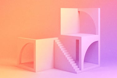 Abstract building with no outer walls, with exposed staircase and rooms. 