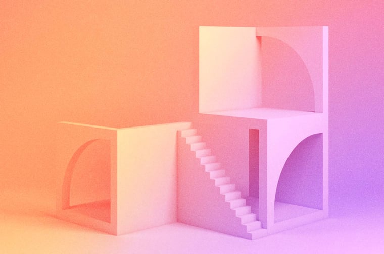 Abstract building with no outer walls, with exposed staircase and rooms. 