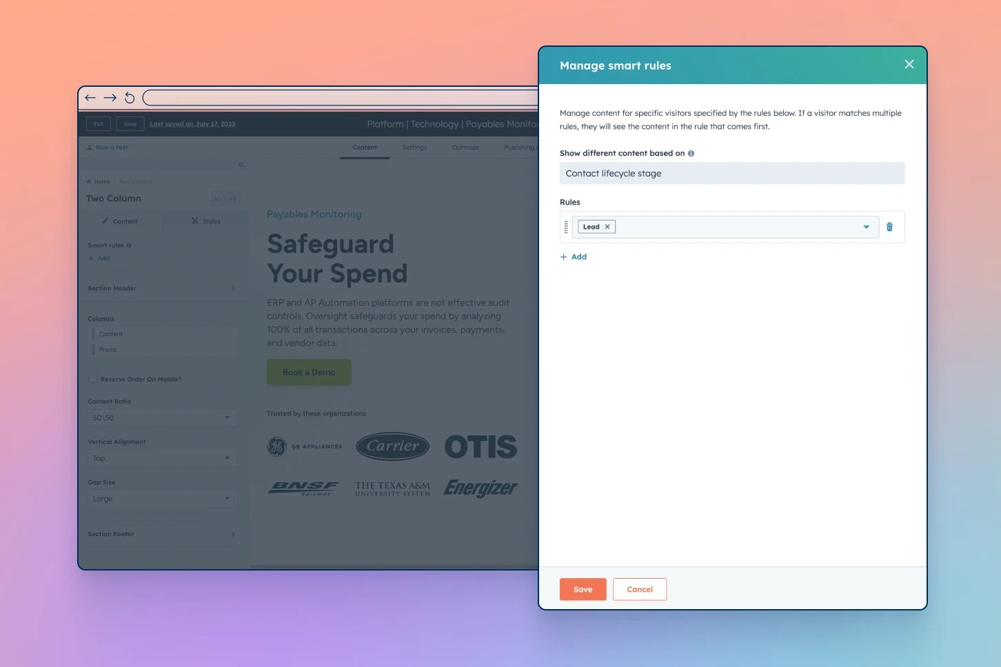 screenshot of HubSpot smart content editing interface