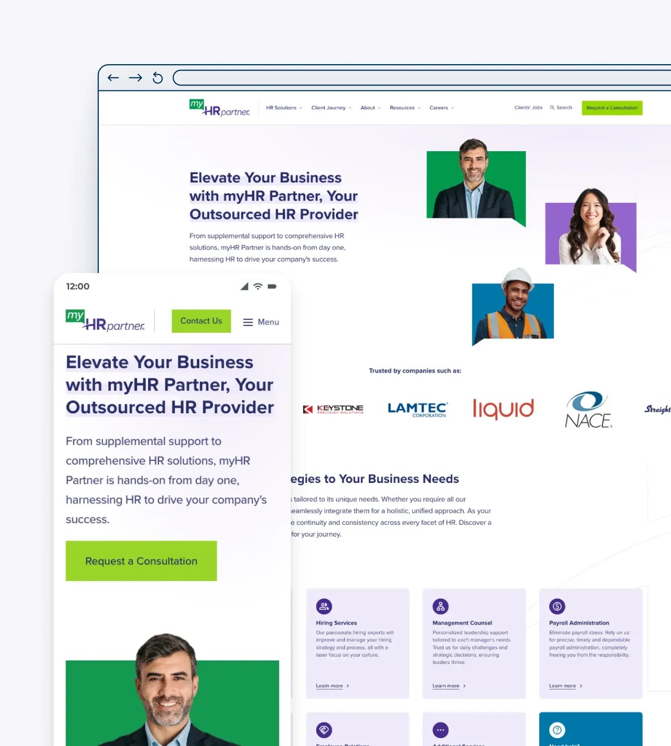 Screenshot of myHR Partner's website home page on desktop and mobile