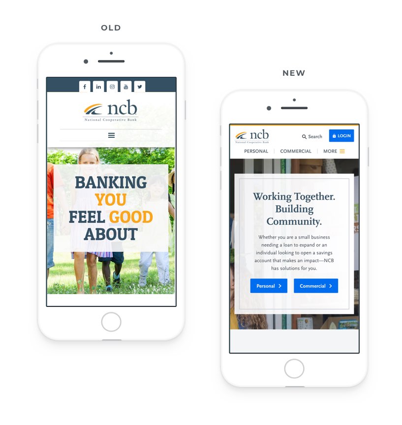 Mobile views of NCB's website before and after their website redesign