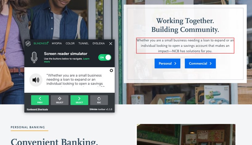 Screenshot of screenreader on the NCB website