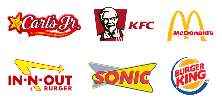 Examples of fast food logos using red and yellow branding.