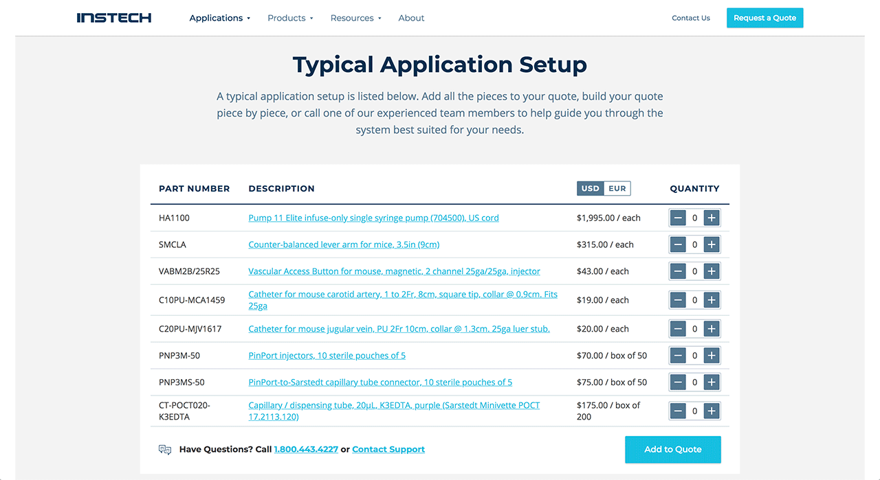 Instech's Custom Request a Quote Screenshot