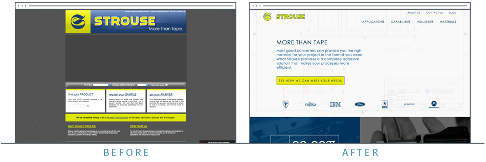 Strouse Home page before and after redesign side by side