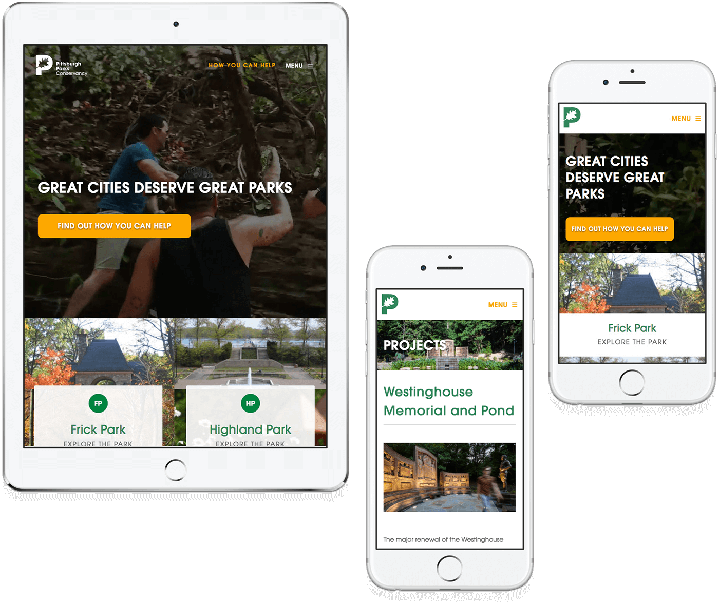 Pittsburgh Parks responsive design example on a tablet and two mobile phones