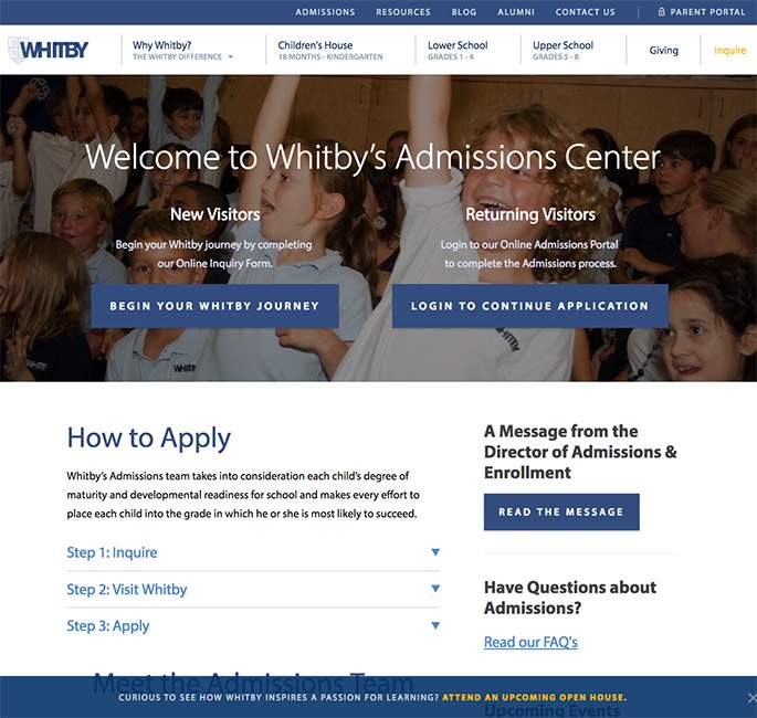 Whitby admissions page screenshot