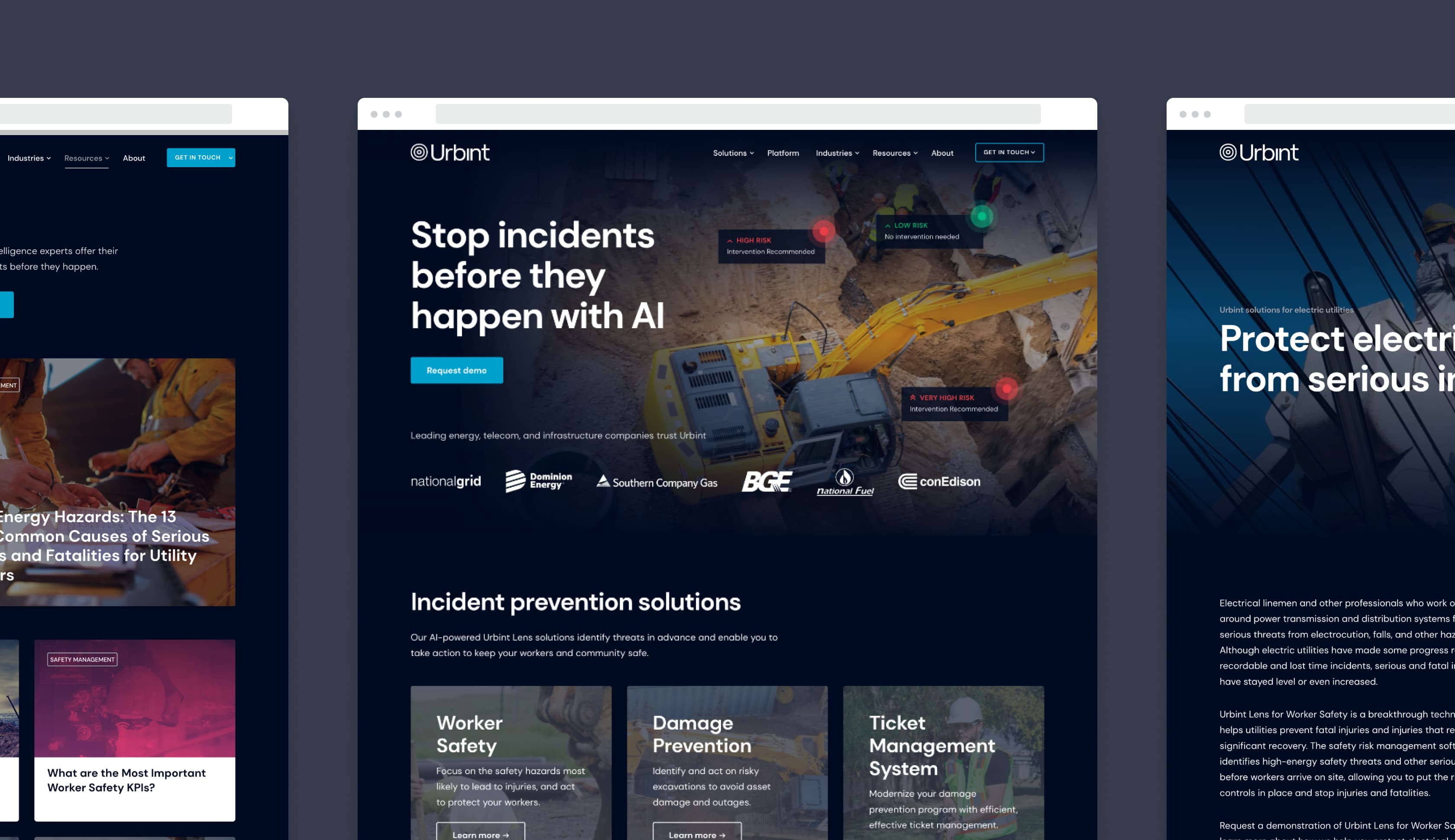 Three screenshots side by side of Urbint's website