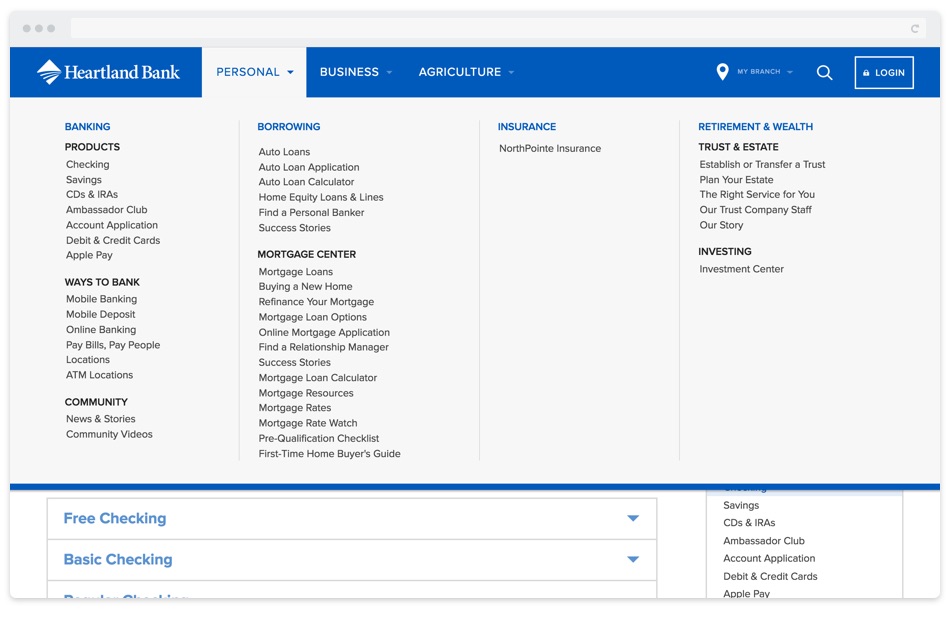 A newly organized mega-menu was used for Heartland Bank's navigation A newly organized mega-menu was used for Heartland Bank's navigation