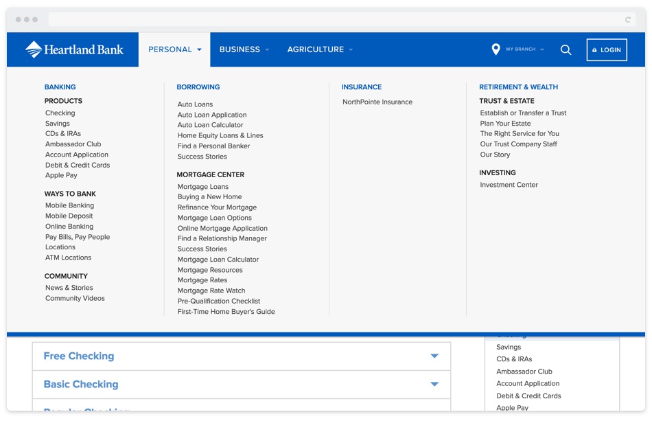 A newly organized mega-menu was used for Heartland Bank's navigation