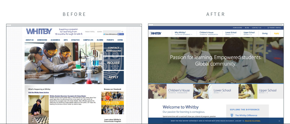 Whitby School's previous and newly designed website